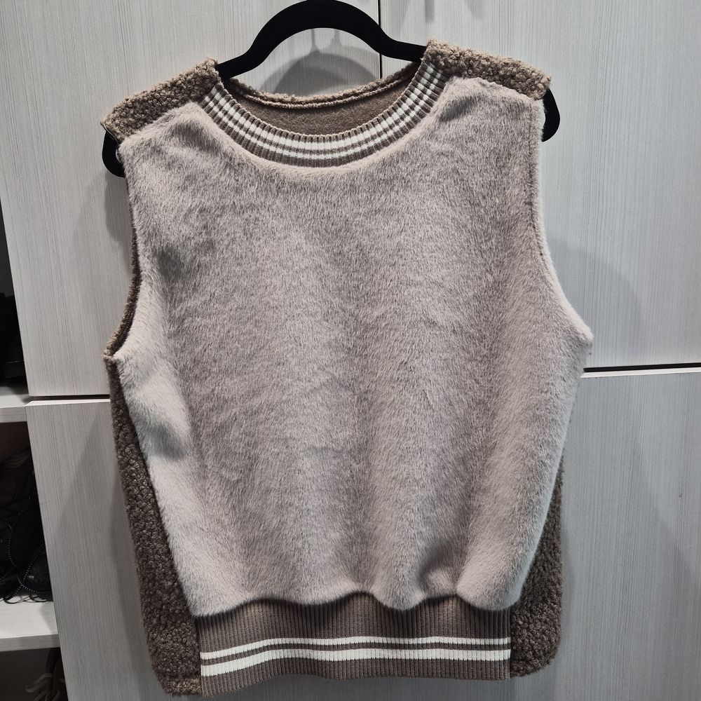 Unk Beige and Brown Fuzzy Sleeveless Vest